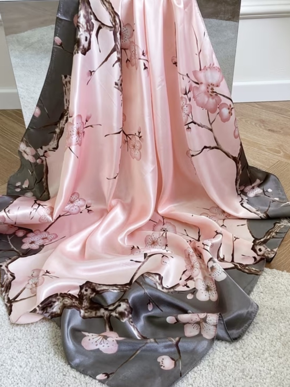 Pink Floral Satin Scarf with Gray Border
